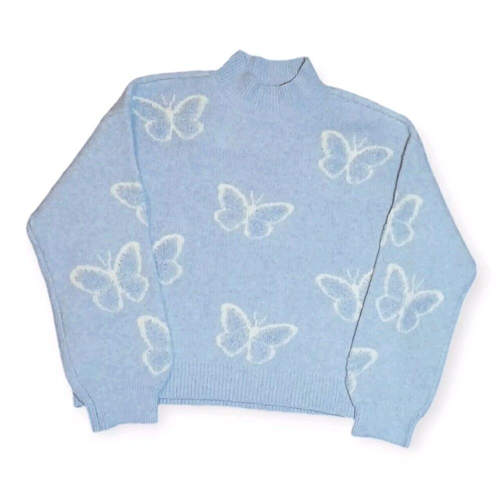 Forever 21 Mock Neck Baby Blue Butterfly Sweater Women's Size L